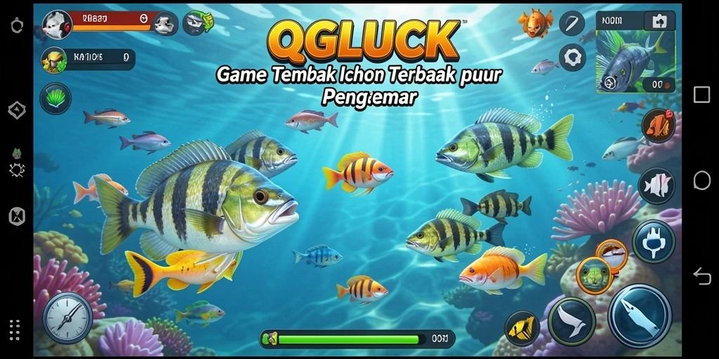 Tangkapan layar utama QGLUCK menampilkan aksi menembak ikan yang seru.