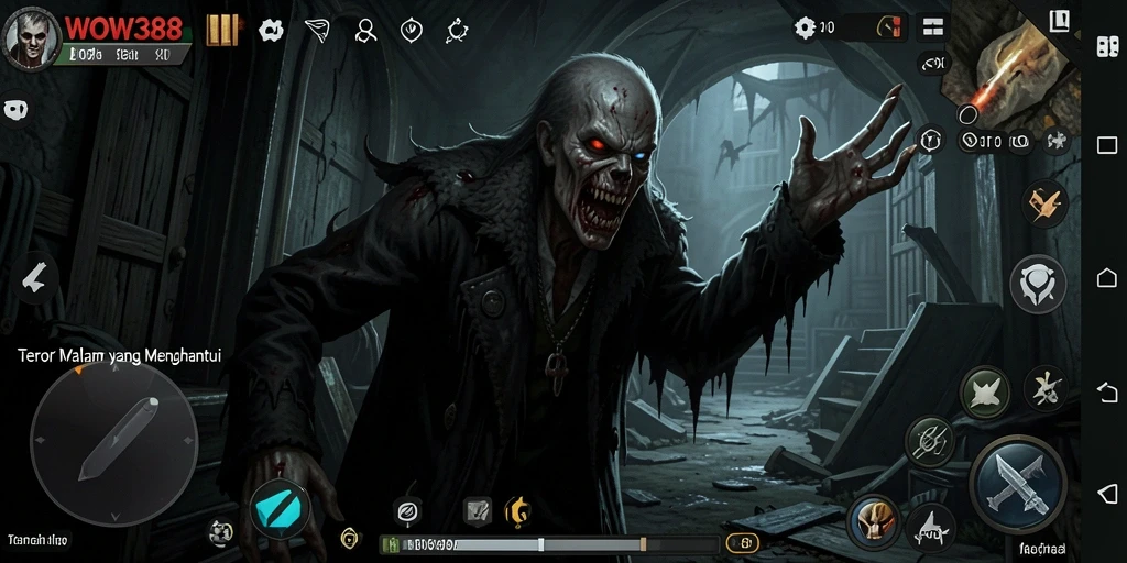 Screenshot menampilkan gameplay menegangkan dari WOW388 dengan suasana menyeramkan.